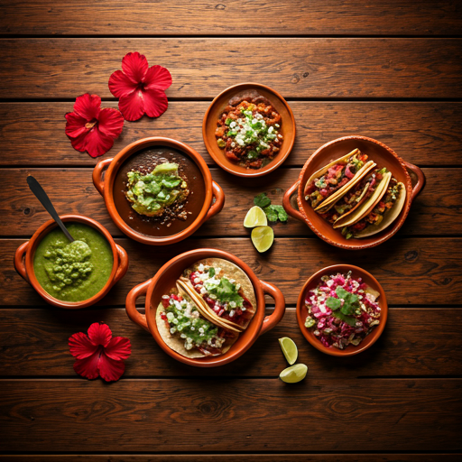 Vista panorámica de mesa con tacos de guisado